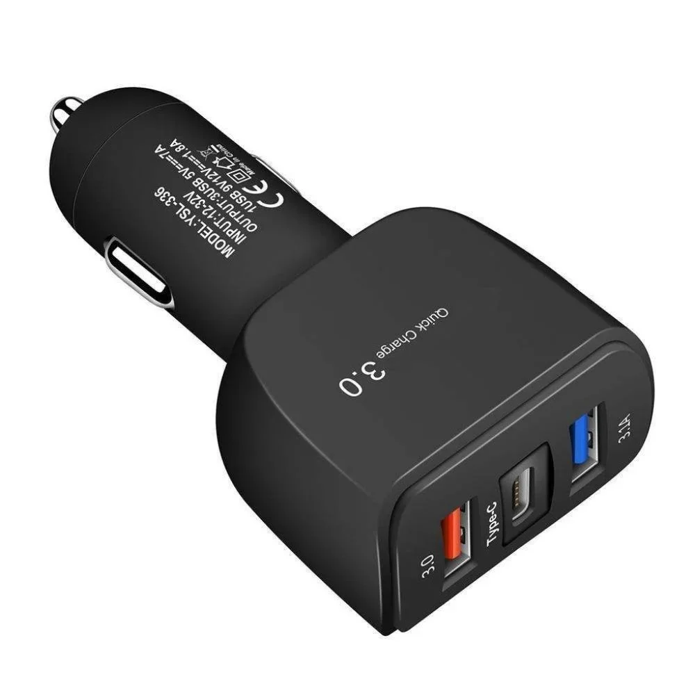 PD Type C Fast Car Charger 3 Ports QC 3.0 Quick Charge for iPhone, Samsung, LG